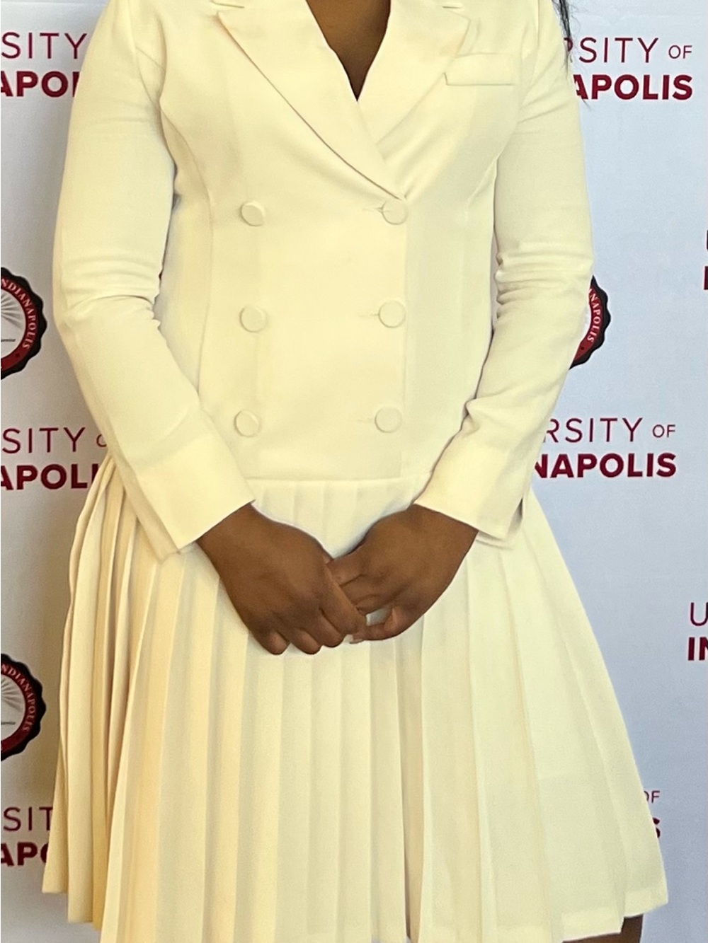 Classic Double-Breasted Pleated Cream Dress